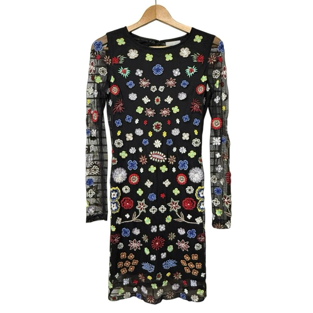 AQUA Womens Small Black Floral Embroidered Dress Mesh Long Sleeve Bodycon Party